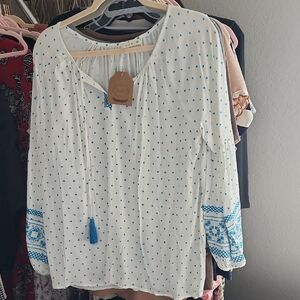 Kori White Blouse with Blue Patterns